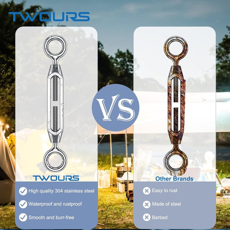 Twours Eye & Eye Turnbuckles 304 Stainless Steel Heavy Duty Turnbuckle Wire Rope Cable Tensioner Adjustable O to O Turnbuckle for Shade Sail (5/16" (M8) - 5PCS) - Image 5